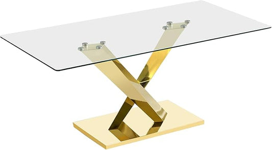 69” Modern Glass Dining Table for 6, Luxury Clear Tempered Glass Top with Gold X-Base Stainless Steel Legs, Elegant Rectangle Dining Room Table