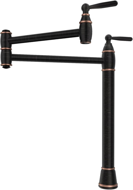 Brass Deck Mount Pot Filler, ARCORA Pot Filler Faucet Oil Rubbed Bronze Kitchen Folding Countertop Faucet 2 Handle with Stretchable Double Joint Swing Arms