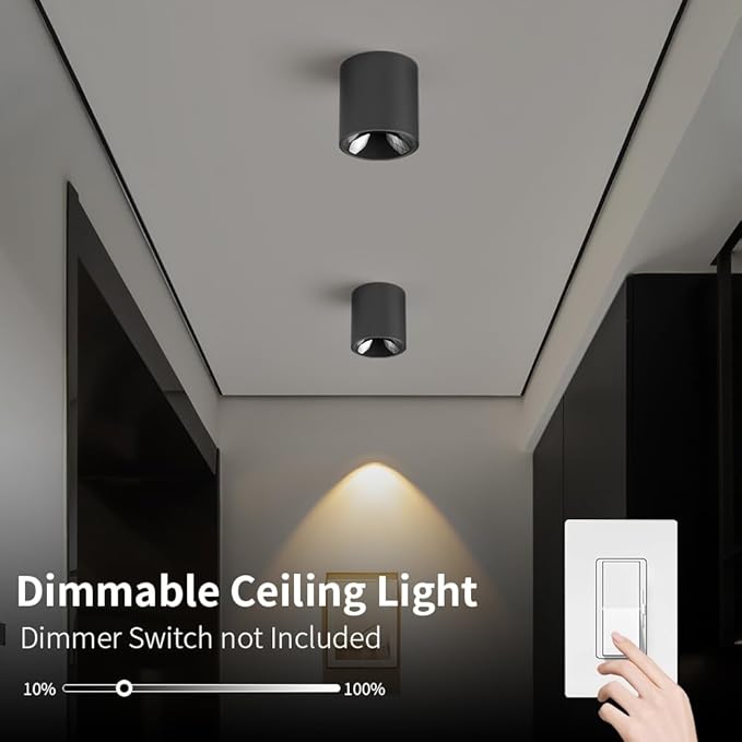 JAYMP Modern LED Ceiling Spotlight 3000K Dimmable 24W Black Surface Mount Cylinder Down Light for Living Room Hallway Laundry Room