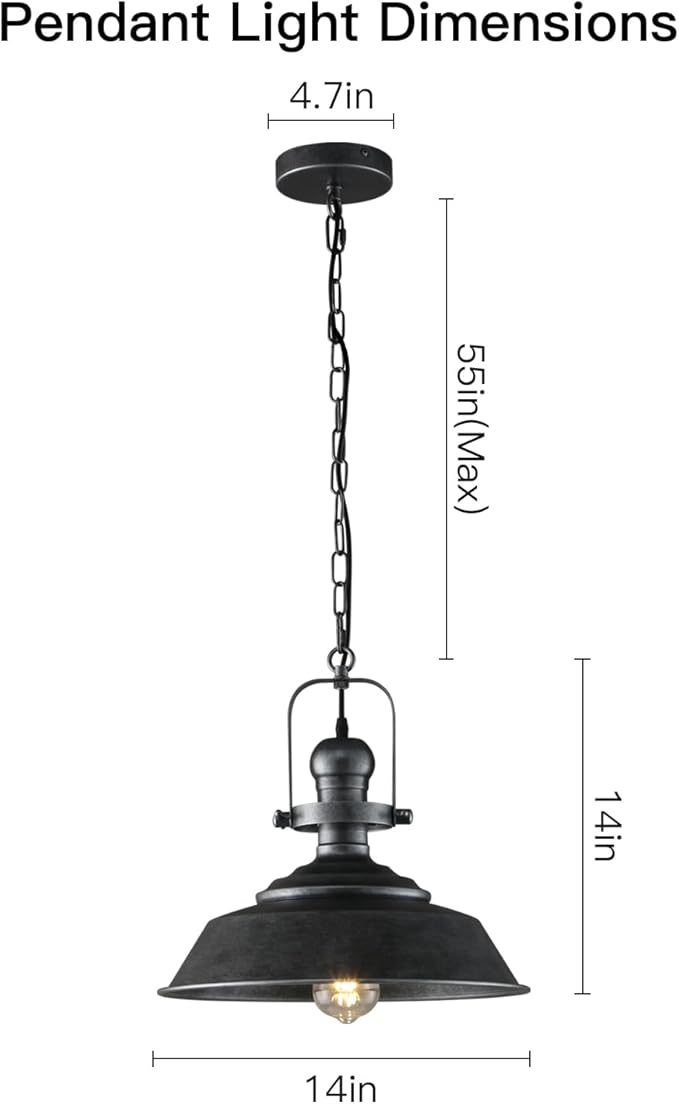 14.2 Inch Silver Black Farmhouse Pendant Light for Kitchen Island, Rustic Industrial Hanging Ceiling Light with Hand-Painted Finish, Modern Bar Lighting for Dining Room & Porch