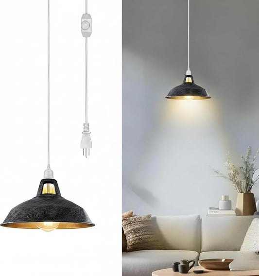 Plug in Pendant Light, 13.1FT Hanging Light with Plug in Cord and On/Off Switch, Industrial Barn Metal Shade Pendant Light for Kitchen Island, Dining Room, Bar, Cafe, Living Room, Brushed Silver