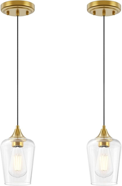 Ralbay Farmhouse Brushed Gold Pendant Light 2-Pack, Pendant Light Fixtures with Wine Clear Glass Shade, Kitchen Island Lighting for Dining Room, Rustic Adjustable Hanging Lighting Fixture