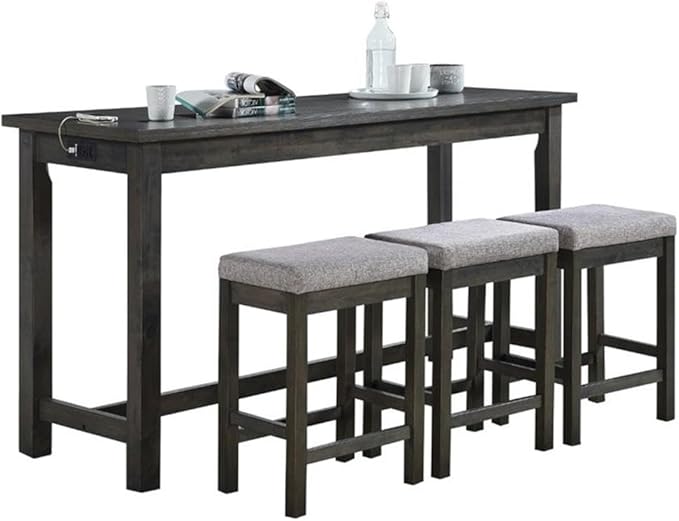 Pemberly Row 4 Piece Wood Counter Height Dining Set, Brownish Gray Finish, Ash Veneer Table with Drawer, USB Ports, Power Outlets, 3 Upholstered Stools, 66.25 in Table for Kitchen or Dining Room