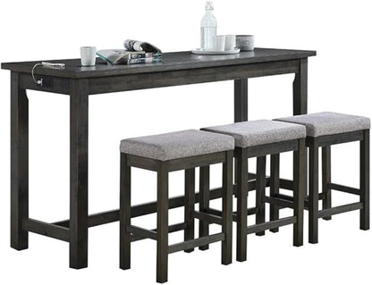 Pemberly Row 4 Piece Wood Counter Height Dining Set, Brownish Gray Finish, Ash Veneer Table with Drawer, USB Ports, Power Outlets, 3 Upholstered Stools, 66.25 in Table for Kitchen or Dining Room
