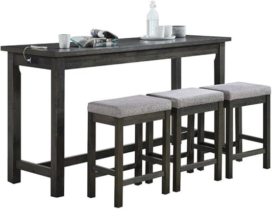 Pemberly Row 4 Piece Wood Counter Height Dining Set, Brownish Gray Finish, Ash Veneer Table with Drawer, USB Ports, Power Outlets, 3 Upholstered Stools, 66.25 in Table for Kitchen or Dining Room