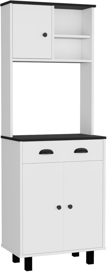 67" H Kitchen Pantry, Storage Cabinet with 2 Cabinets, 2 Open Shelves and 1 Drawer, White+Black, Easy to Maintain, for Dining Room