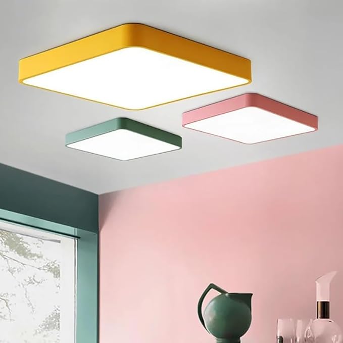 LED Ceiling Light Fixture,20 Inch Modern Square Recessed Ceiling Lights,Dimmable Light,48W Pink 3000K-6000K Close to Ceiling Lighting Flush Mount Living Room Bedroom