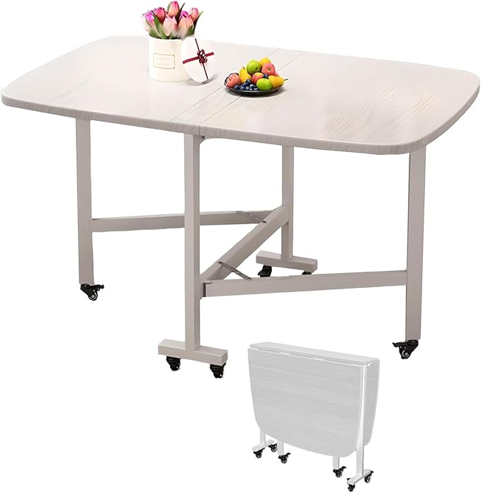 Folding Dining Room Table for 4/8 with 47.2in Extra Wide Space Saving Drop Leaf Table with Lockable Wheels, Heavy Duty Eco Solid Wood Top 220lb, Solid Wooden Foldable Kitchen Table, Easy Assembly(Whit