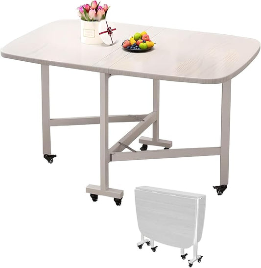 Folding Dining Room Table for 4/8 with 47.2in Extra Wide Space Saving Drop Leaf Table with Lockable Wheels, Heavy Duty Eco Solid Wood Top 220lb, Solid Wooden Foldable Kitchen Table, Easy Assembly(Whit