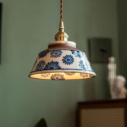 Chinese Retro Pendent Lamp,Indoor Under Glaze Colored Ceramics Ceiling Hanging Light,Adjustable Creative Home Kitchen Island Suspended Lighting Fixture,Bedroom Bedside Chandelier E 26 Base