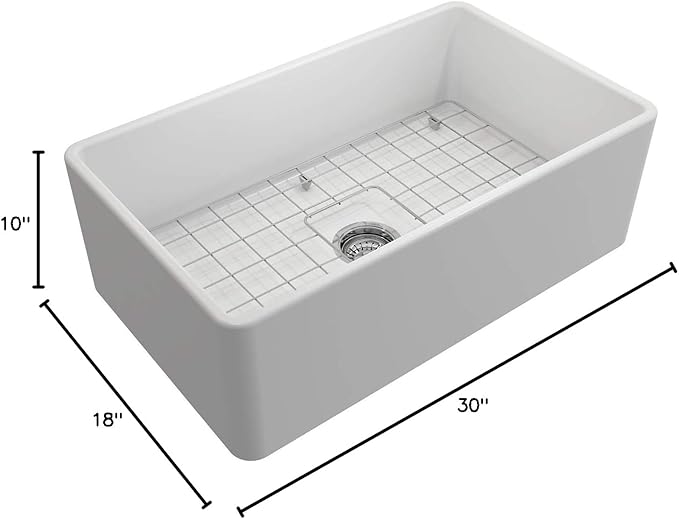 BOCCHI Classico Farmhouse Apron Front Fireclay 30 in. Single Bowl Kitchen Sink with Protective Bottom Grid and Strainer in Matte White