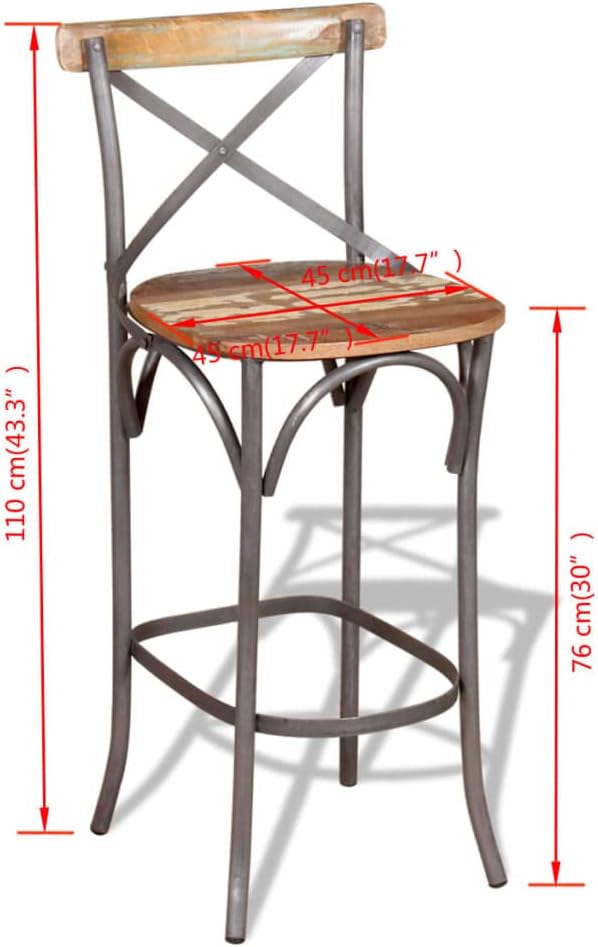 Vintage Solid Reclaimed Wood Bar Chair with Iron Frame, 4 Pieces Set, Handcrafted Rustic Dining Stool for Home Bar Kitchen Island, Durable and Comfortable Seating, Unique