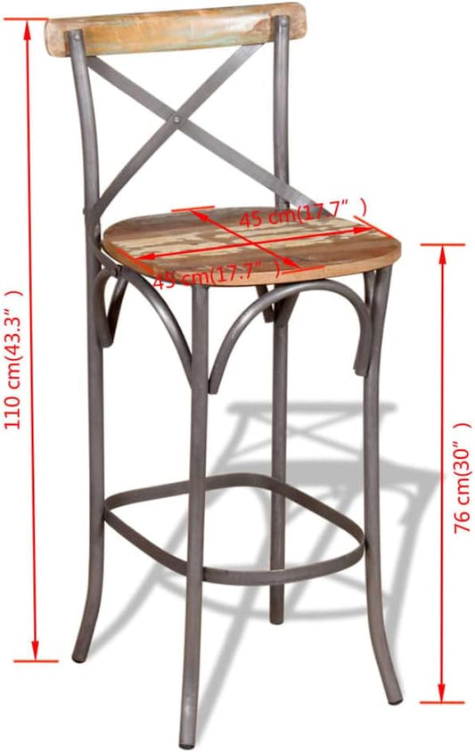 Vintage Solid Reclaimed Wood Bar Chair with Iron Frame, 4 Pieces Set, Handcrafted Rustic Dining Stool for Home Bar Kitchen Island, Durable and Comfortable Seating, Unique