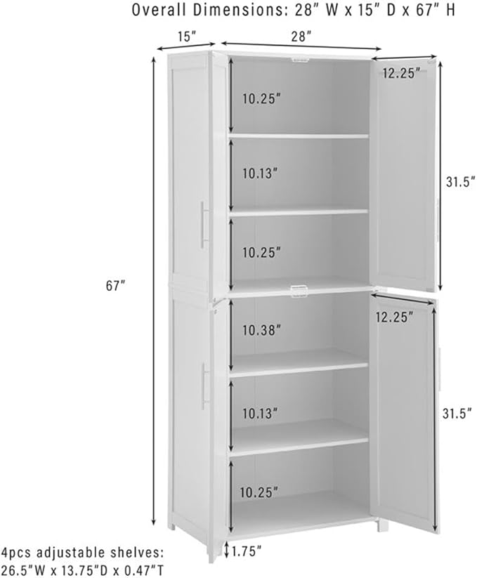 Pemberly Row Traditional Wood Kitchen Storage Pantry, Navy Finish, MDF and Birch Veneer, 67" H x 28" W x 15" D, Adjustable Shelves, Shaker-Style Doors, Brushed Nickel Hardware, Home and Kitchen