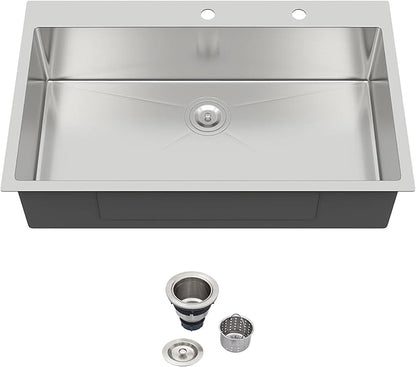 36x22 Drop in Kitchen Sink 36 Inch Stainless Steel Sinks 16 Guage 304 Single Bowl 9'' Deep Sinks with Drain Assembly LMT36229