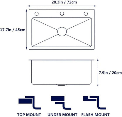 ARTLINE Drop In Stainless Steel Kitchen Sink, 3 Hole Topmount Single Bowl Workstation Sink, Farmhouse Workstation sink with Multiple Accessories (28.3 x 17.7in)
