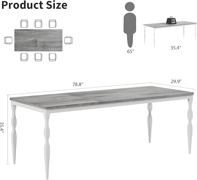 IDEALHOUSE 78 Inch Farmhouse Dining Table for 6-8 People, Rectangular Wood Kitchen Table with Heavy Duty Legs, Kitchen Dining Room Table for Dining Room Kitchen, Wash Grey