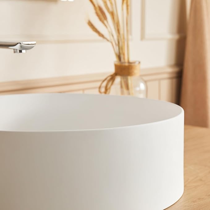 Cpingao 15.74 Inch Round Bathroom Vessel Sink, Above Counter Circle Matte Stone Countertop Modern Sink Art Basin for Lavatory Vanity Cabinet