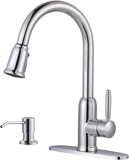 Chrome Kitchen Faucet with Soap Dispenser, WOWOW Stainless Steel Kitchen Faucet for Sink 2 or 4 Hole, High Arc Vintage Kitchen Sink Faucet with Pull Down Sprayer