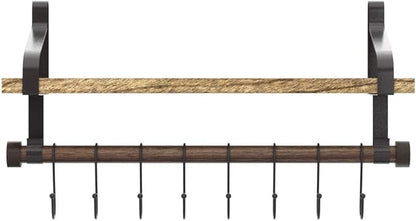 Love-KANKEI Floating Shelf Wall Shelf for Storage Rustic Wood Kitchen Spice Rack with Towel Bar and 8 Removable Hooks for Organize Cooking Utensils or Mugs Carbonized Black/Brown Brackets