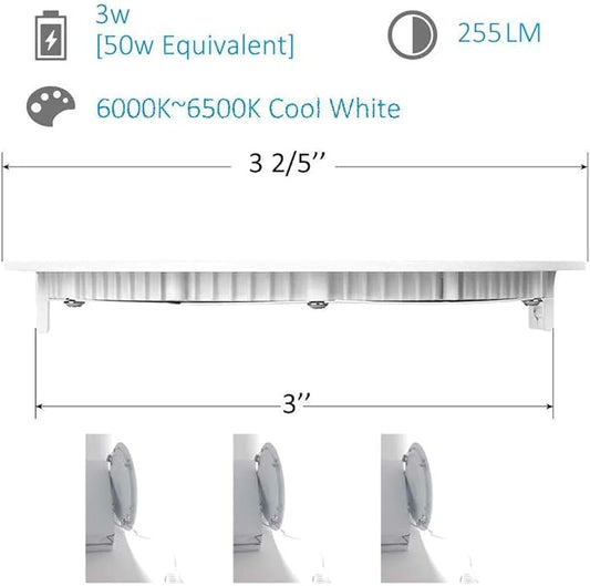 3 Inch 3 Watt Ultra-Thin Recessed Ceiling Light, 255Lm Energy Saving LED Slim Round Downlight, 6000K~6500K Cold White, Pack of 10