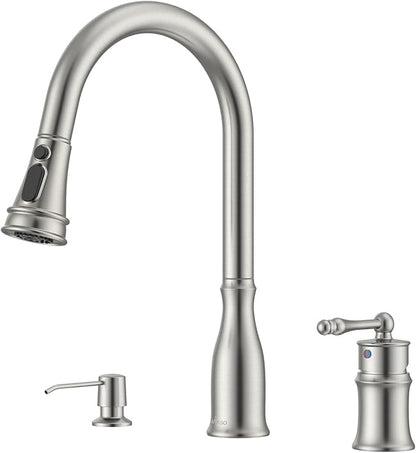 APPASO 3 Hole Kitchen Faucet with Pull Down Sprayer Brushed Nickel, 3 Pieces Kitchen Faucet with Soap Dispenser and Separate Side Handle, Stainless Steel, High Arc Sink Faucets for 2-3 Hole Sink