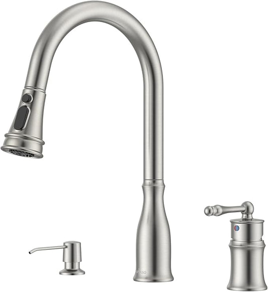 APPASO 3 Hole Kitchen Faucet with Pull Down Sprayer Brushed Nickel, 3 Pieces Kitchen Faucet with Soap Dispenser and Separate Side Handle, Stainless Steel, High Arc Sink Faucets for 2-3 Hole Sink