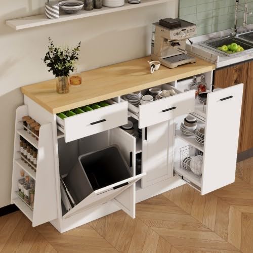 Bellemave Sideboard Buffet Cabinet with Drawers & Adjustable Shelves, Modern Kitchen Pantry with Tilt Out Trash Can, Coffee Bar Station with 3-Tier Pull-Out Rack for Dining Room, Kitchen (White/58)