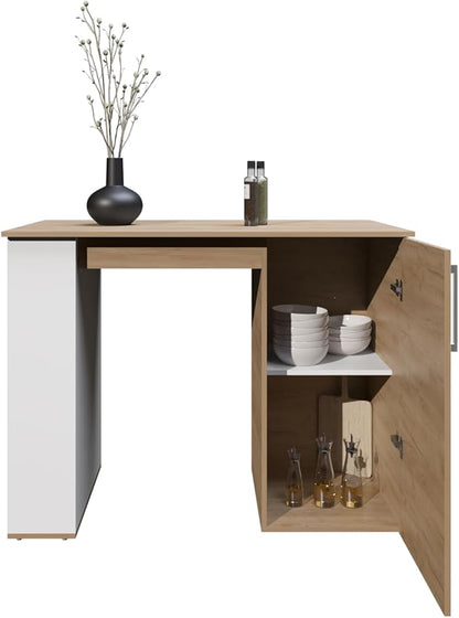 GOWE Allen 47" Wide Kitchen Island One Cabinet and Five Shelves, Bar Table, Dinning Table. Pub Table White- Natural Oak