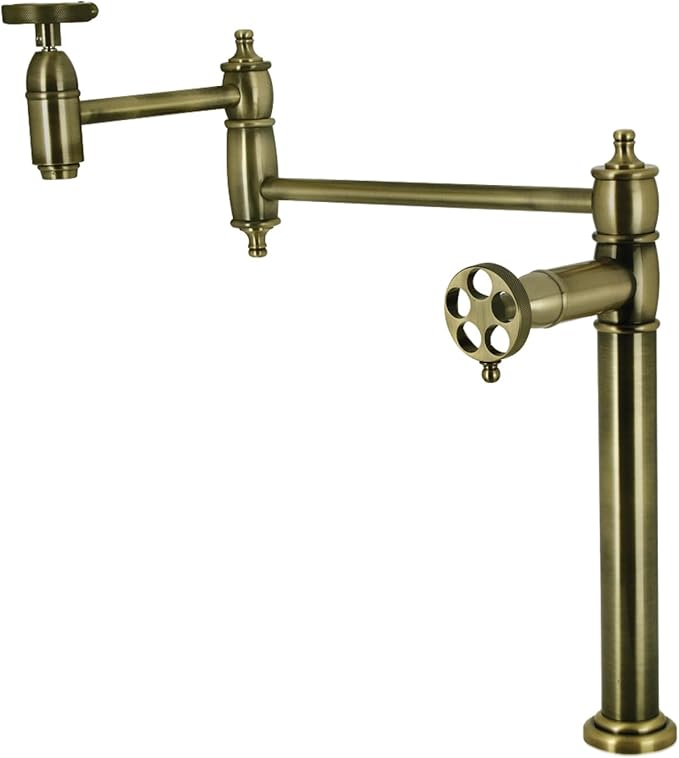Kingston Brass KS3703RKZ Wendell Two-Handle 1-Hole Deck Mount Pot Filler Faucet with Knurled Handle in Antique Brass
