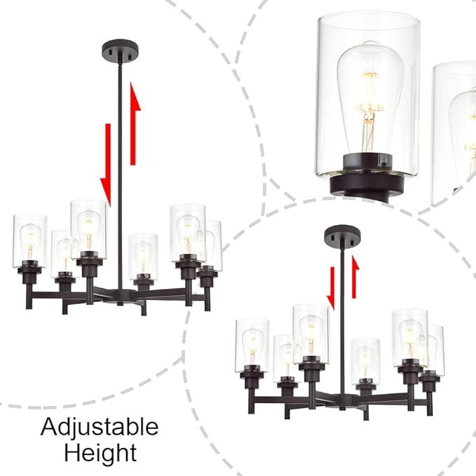 VINLUZ 6 Light Farmhouse Chandelier Classic Pendant Lighting Oil-Rubbed Bronze Industrial Ceiling Lighting Fixture with Clear Glass Shades for Dining Room Kitchen Livingroom
