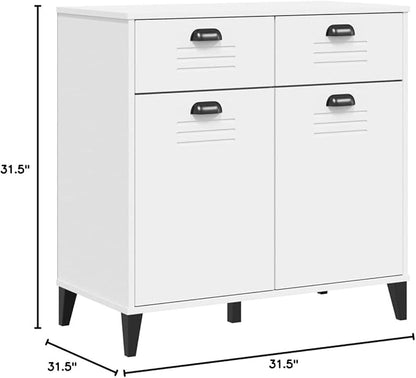 White Sideboard Buffet Cabinet 31.5x31.5x31.5 in Engineered Wood Matte Finish Coffee Bar Liquor Cabinet with 2 Doors 2 Drawers Modern Storage for Living Room Dining Hallway