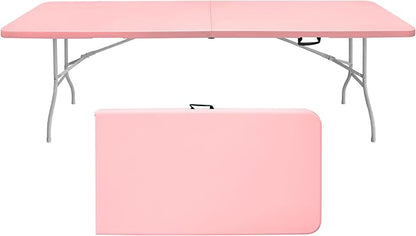 8 FT Folding Table with Carry Handle, Portable Fold-in-Half Plastic Table, Rectangle Foldable Table for Indoor/Outdoor Pink