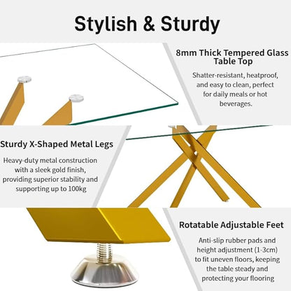 51.18" Rectangular Glass Dining Table, Tempered Glass Small Kitchen Table with Metal Tubular Legs, Stylish and Sturdy Gold Dinner Table for Home and Outdoor