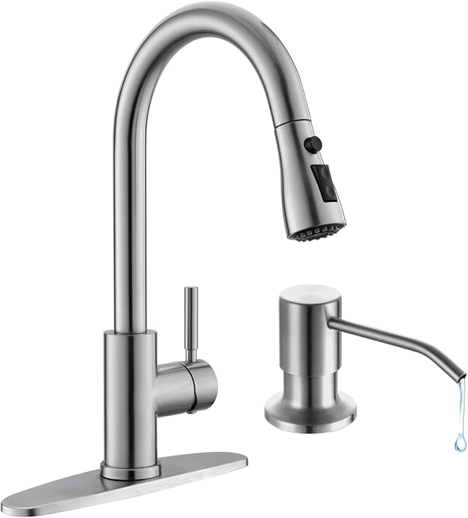 Arofa Kitchen Faucet with Soap Dispenser, Stainless Steel Kitchen Sink Faucet with Pull Down Sprayer 3 Mode Single Handle Gooseneck Pull Out Kitchen Faucet for 2/4 Hole, Brushed Nickel