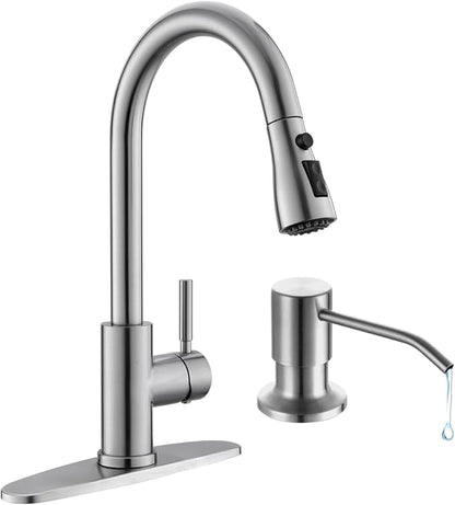 Arofa Kitchen Faucet with Soap Dispenser, Stainless Steel Kitchen Sink Faucet with Pull Down Sprayer 3 Mode Single Handle Gooseneck Pull Out Kitchen Faucet for 2/4 Hole, Brushed Nickel