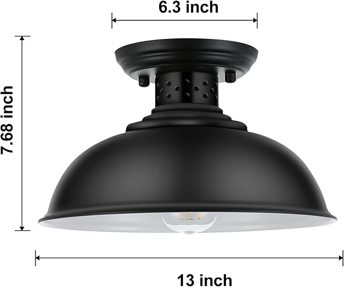 LOEHINLE 2PCS Semi Flush Mount Ceiling Light, Industrial Close to Ceiling Lighting Fixtures, Rustic Vintage Metal Black Ceiling Lamp for Kitchen Island Bedroom Hallway Farmhouse, 13in