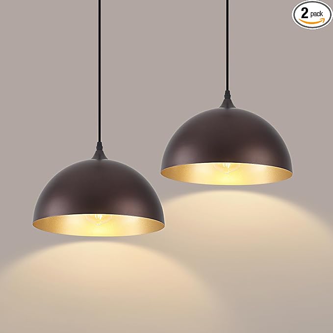 Farmhouse Pendant Light 2 Pack, Vintage Pendant Light Fixtures, Brown Kitchen Pendant Lighting, 11.8 inches Dome Kitchen Pendant Lights, Industrial Pendant Lights for Island Dining Room Bed Room