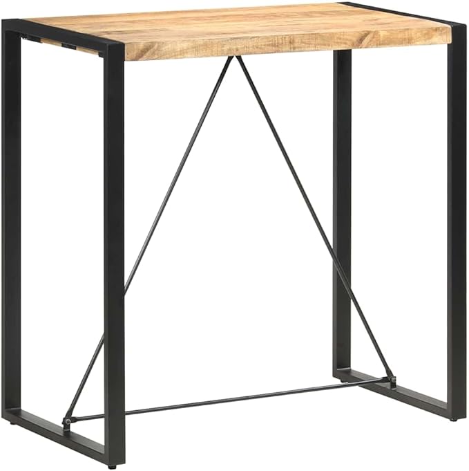 Bar Table Natural Mango Wood, Polished Finish, 43.3" Tall, Steel Legs, Rectangular Dining Room Kitchen Table, Indoor Use
