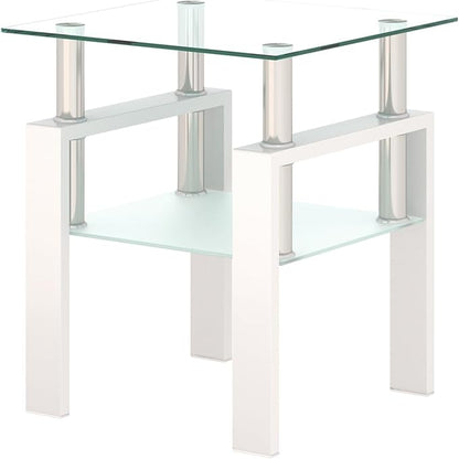 IANIYA Modern Glass Side Table, 2-Tier End Table with Tempered Glass Top & Metal Legs, Night Stand Corner Small Table for Living Room, Bedroom, Small Space White