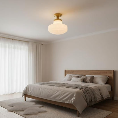 Milk White Glass Flush Mount Ceiling Light Fixture, Mid Century Modern Farmhouse Close to Ceiling Lamp for Bedroom Kitchen Hallway Laundry, Gold Ceiling Lighting