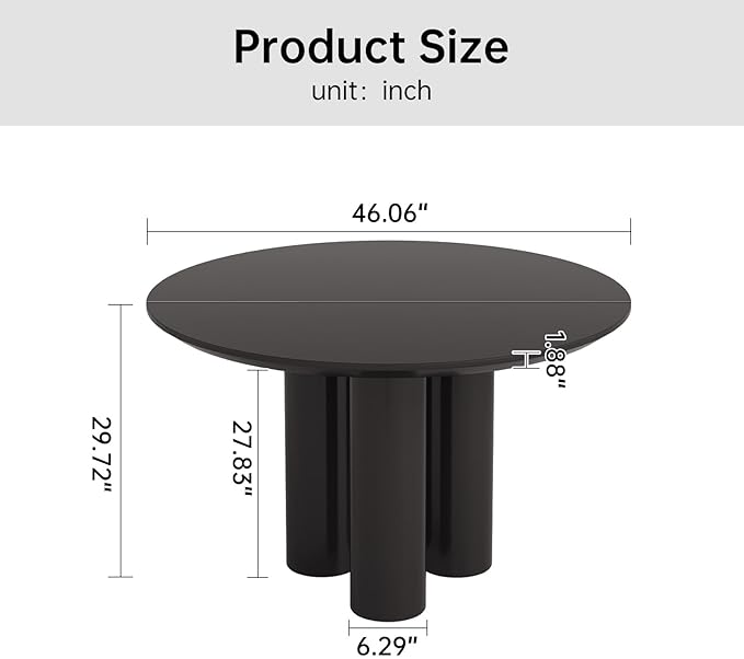 Guyii 46.06" Black Dining Table, Modern Round Kitchen Table, Indoor End Table for Kitchen, Bar, Living Room, Small Space, Easy Assembly, Table Only