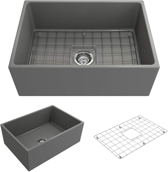 BOCCHI Contempo Farmhouse Apron Front Fireclay 27 in. Single Bowl Kitchen Sink with Protective Bottom Grid and Strainer in Matte Gray