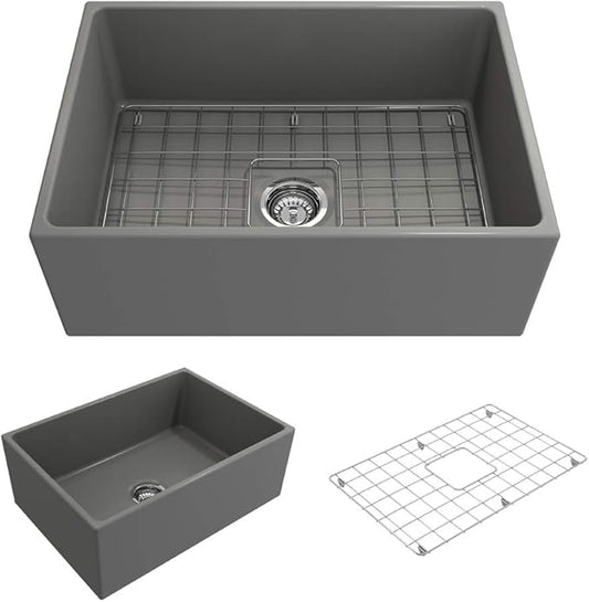 BOCCHI Contempo Farmhouse Apron Front Fireclay 27 in. Single Bowl Kitchen Sink with Protective Bottom Grid and Strainer in Matte Gray