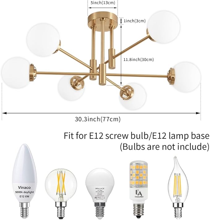Biewalk Gold Sputnik Chandelier, Modern Globe Chandelier Light Fixture with Glass Globe Shade, Mid Century Ceiling Light 6-Light for Living Room Dining Room