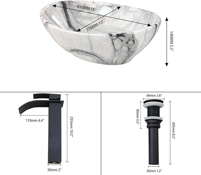 White Marbling Bathroom Vessel Sink With Black Faucet And Drain 16"x13" Oval Vessel Sink Ceramic Basin Bowl White Black Marble Bathroom Sinks Above Counter Bowl Sinks For Bathroom