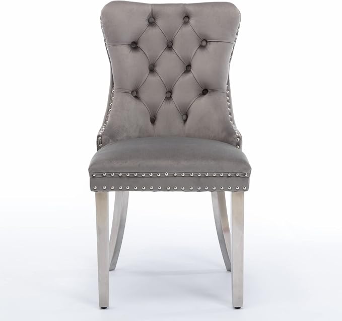 Ball & Cast Contemporary Upholstered Dining Chairs Set of 2, Velvet Button Tufted Kitchen Side-Chairs with Hang Ring & Nailhead Trims & Chrome Solid Wood Legs, 2-Piece Traditional Chair, Chrome+Gray