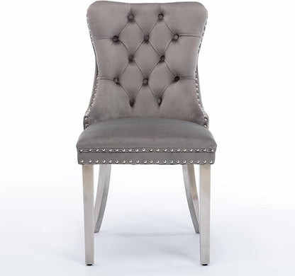Ball & Cast Contemporary Upholstered Dining Chairs Set of 2, Velvet Button Tufted Kitchen Side-Chairs with Hang Ring & Nailhead Trims & Chrome Solid Wood Legs, 2-Piece Traditional Chair, Chrome+Gray