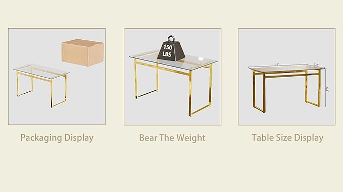 51" Modern Minimalist Rectangular Glass Dining Table for 4-6 with 0.31" Tempered Glass Tabletop and Chrome Metal Legs, Writing Table Desk for Kitchen Dining Living Room (Clear&Golden)
