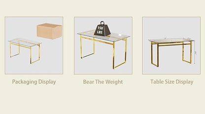 51" Modern Minimalist Rectangular Glass Dining Table for 4-6 with 0.31" Tempered Glass Tabletop and Chrome Metal Legs, Writing Table Desk for Kitchen Dining Living Room (Clear&Golden)